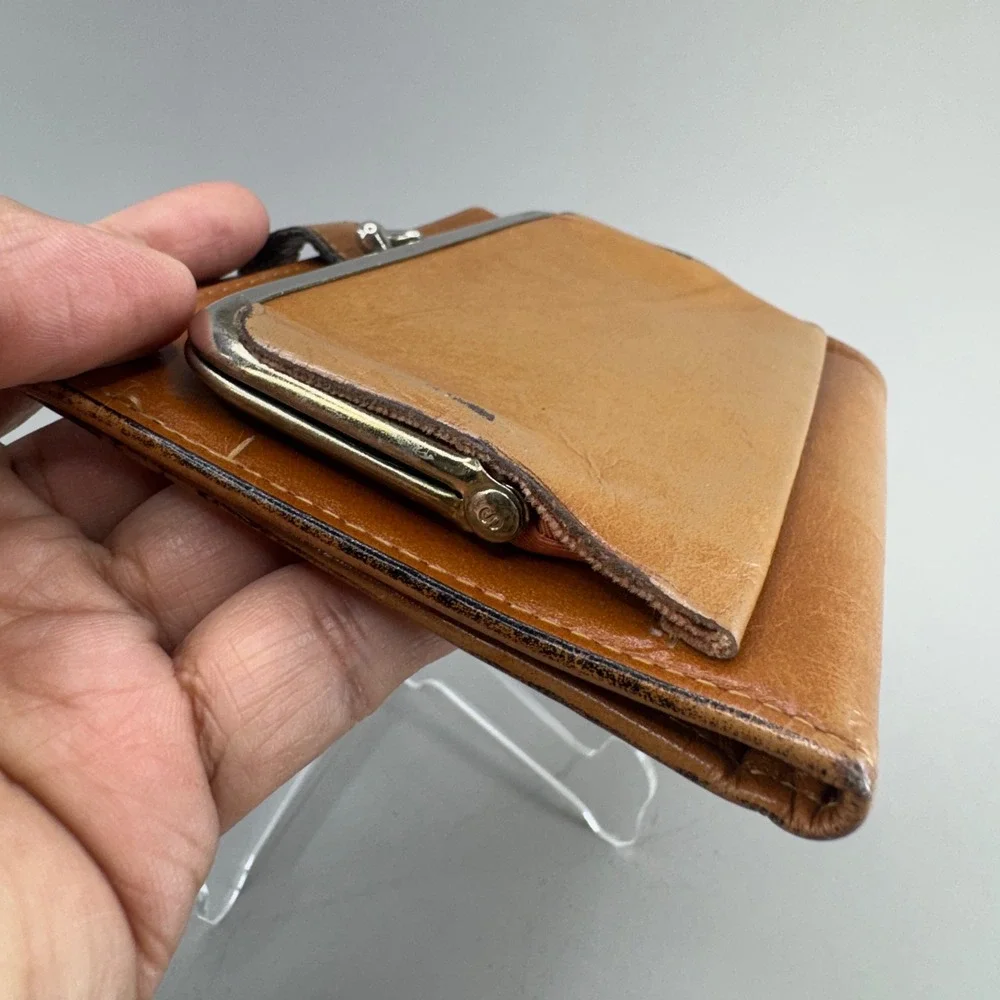 Princess Gardner Bifold Wallet Tan Leather Vintage Woven Kiss Lock